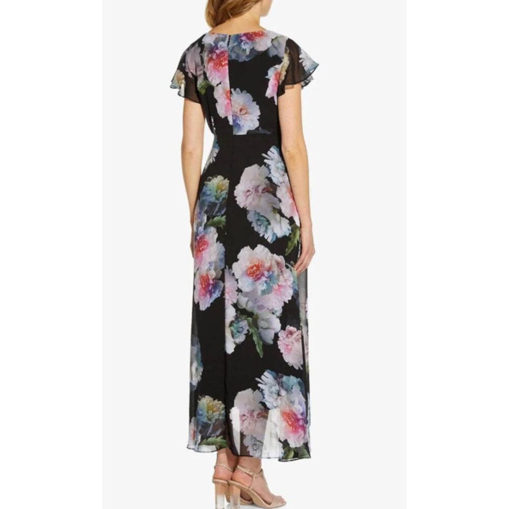 Adrianna Papell Floral Wide Leg Jumpsuit Flutter Sleeve Formal Maxi Dress Black - Picture 4 of 14